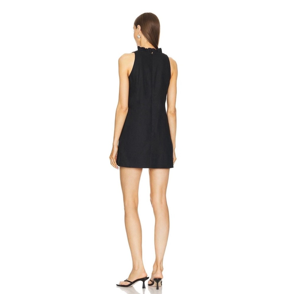 L'Academie Black 100% Linen Ruffle V-Neck Mini Dress Sleeveless Small - Picture 2 of 6